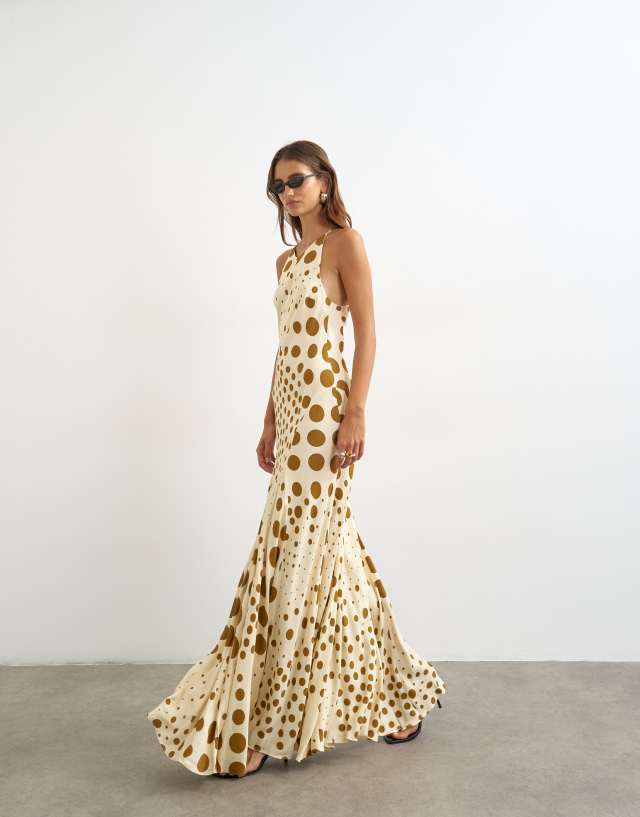 Topshop cut-away racer neck full skirt maxi dress in taupe and chocolate polka dot