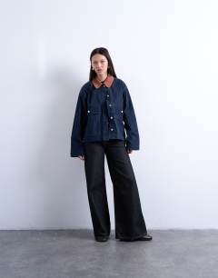 Model wearing Cut cord jacket with contrast cord collar in navy