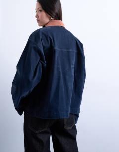 Model wearing Cut cord jacket with contrast cord collar in navy