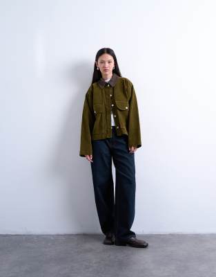 Topshop Cut Corduroy Jacket With Contrast Corduroy Collar In Green