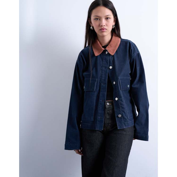 Topshop cut corduroy jacket with contrast corduroy collar in navy