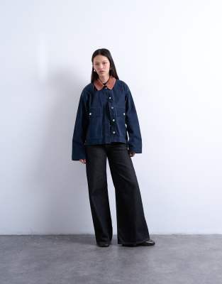 Topshop Cut Corduroy Jacket With Contrast Corduroy Collar In Blue