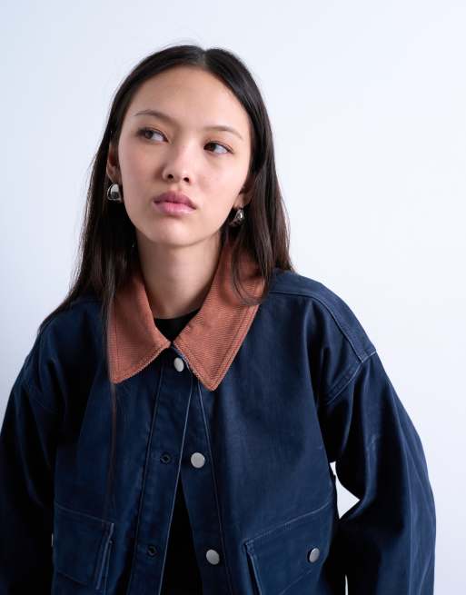 Topshop cut corduroy jacket with contrast corduroy collar in navy, 3 of 4