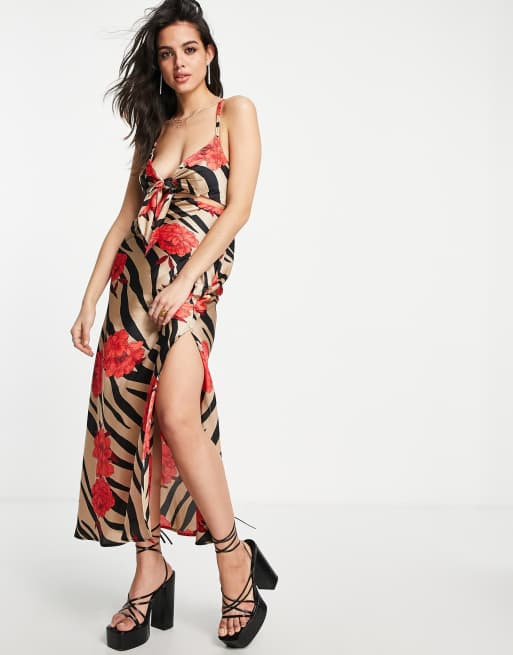 Topshop cut out floral zebra satin midi slip dress in multi