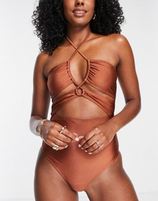 Topshop cut out halter neck bandeau swimsuit in chocolate