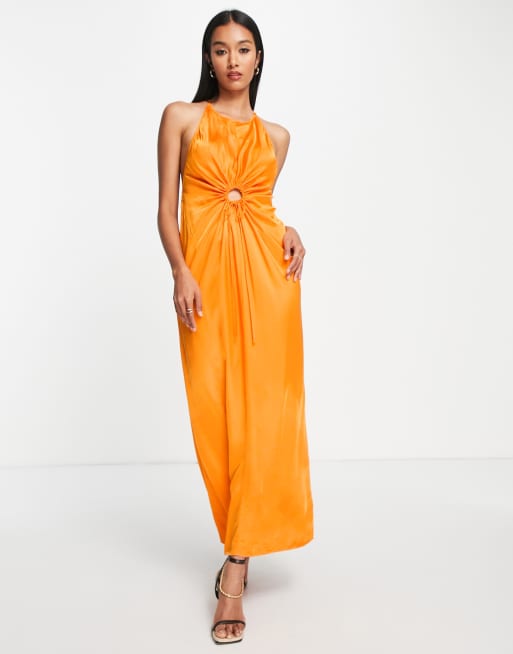 Ruched Halter Satin Midi Dress