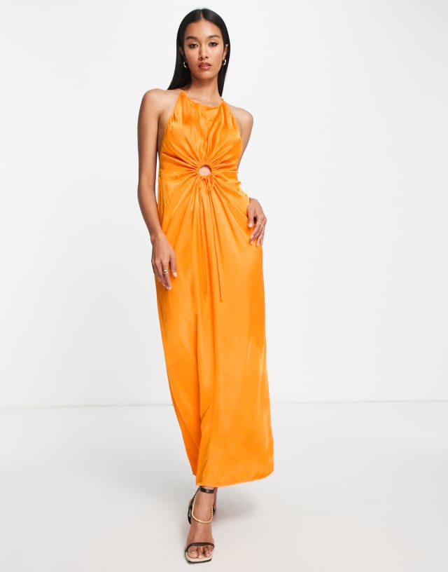 Topshop cut out halter satin midi slip dress in orange