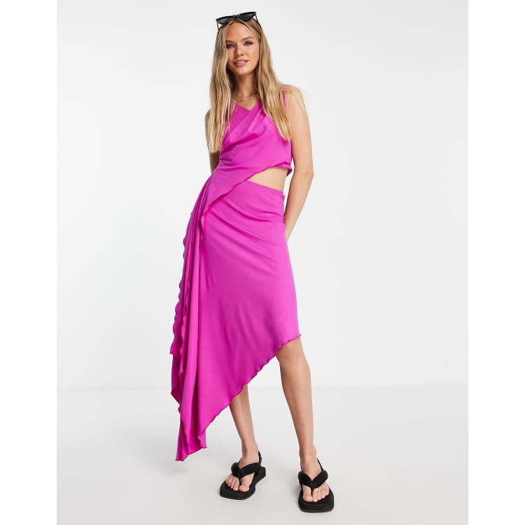 Topshop cut out jersey lettuce hem asymmetric midi dress in magenta | ASOS