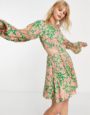Topshop cut out long sleeve floral mini dress in pink and green