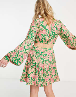 Topshop cut out long sleeve floral mini dress in pink and green