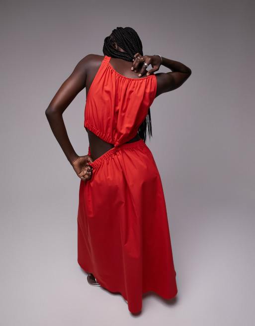 topshop cut out midi dress Topshop cut out poplin midi dress in red