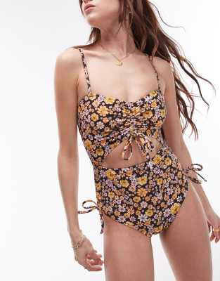 Topshop Cut Out Ruched Side Swimsuit In Brown Ditsy Floral Print-multi