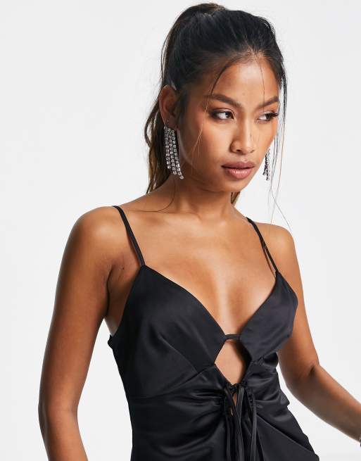 Plunge Halter Neck Satin Black Slip Dress