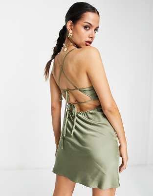 Topshop cut out satin mini slip dress in khaki  - ASOS Price Checker