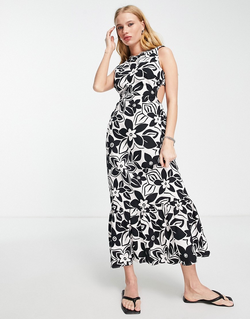 Topshop Cut Out Side And Back Large Floral Midi Dress In Mono-multi