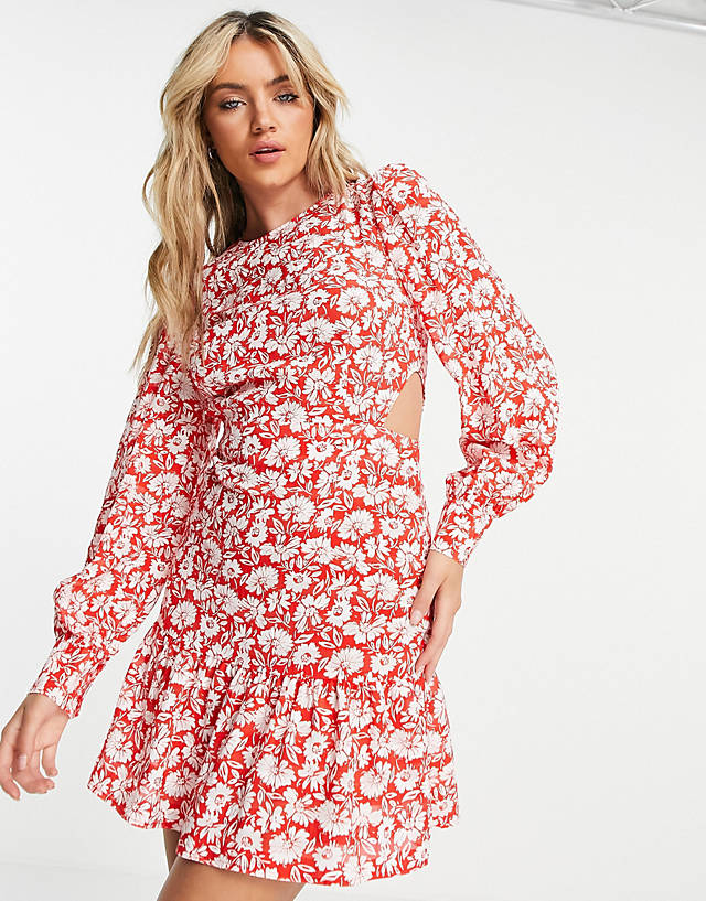 Topshop - cut out side tea mini dress in red daisy print