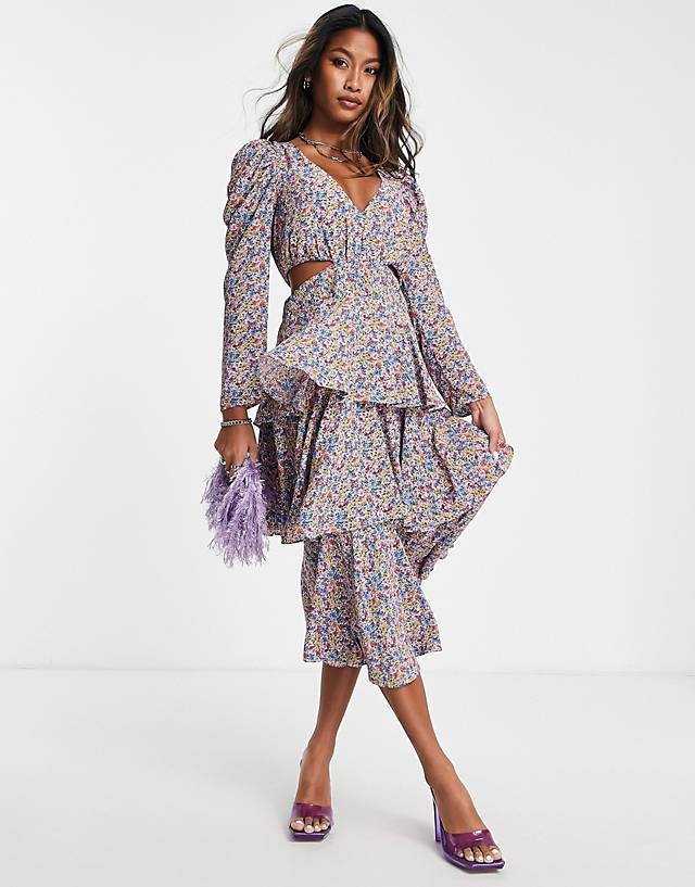 Topshop cut out side tiered ditsy midi dress in multi