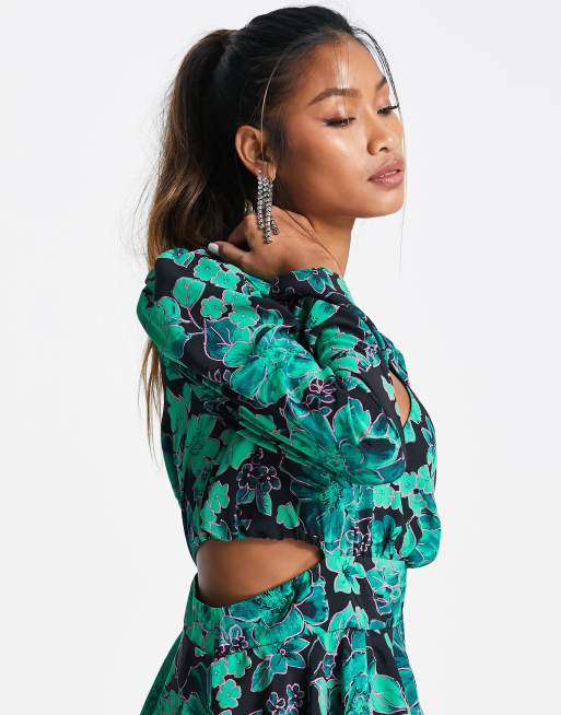 Topshop cut out side tiered floral midi dress in green