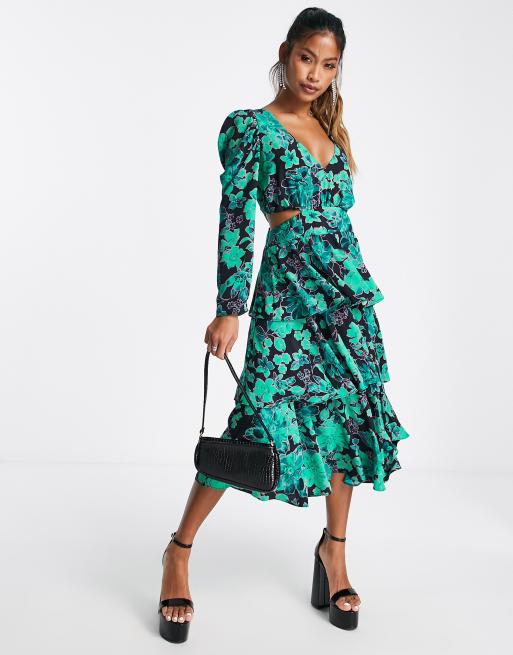 Topshop cut out side tiered floral midi dress in green