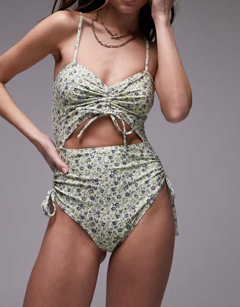 Topshop cut out swimsuit in blue ditsy floral - view 1