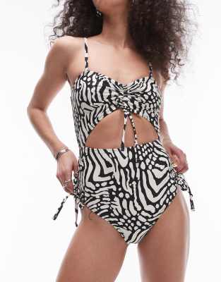 Topshop cut out swimsuit in mono animal print-Black