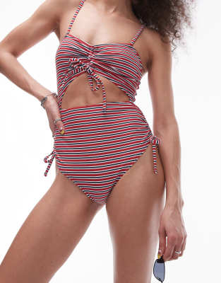 Topshop cut out Swimsuit in red stripe