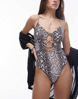 Topshop Topshop cut out swimsuit in snake print-Multi