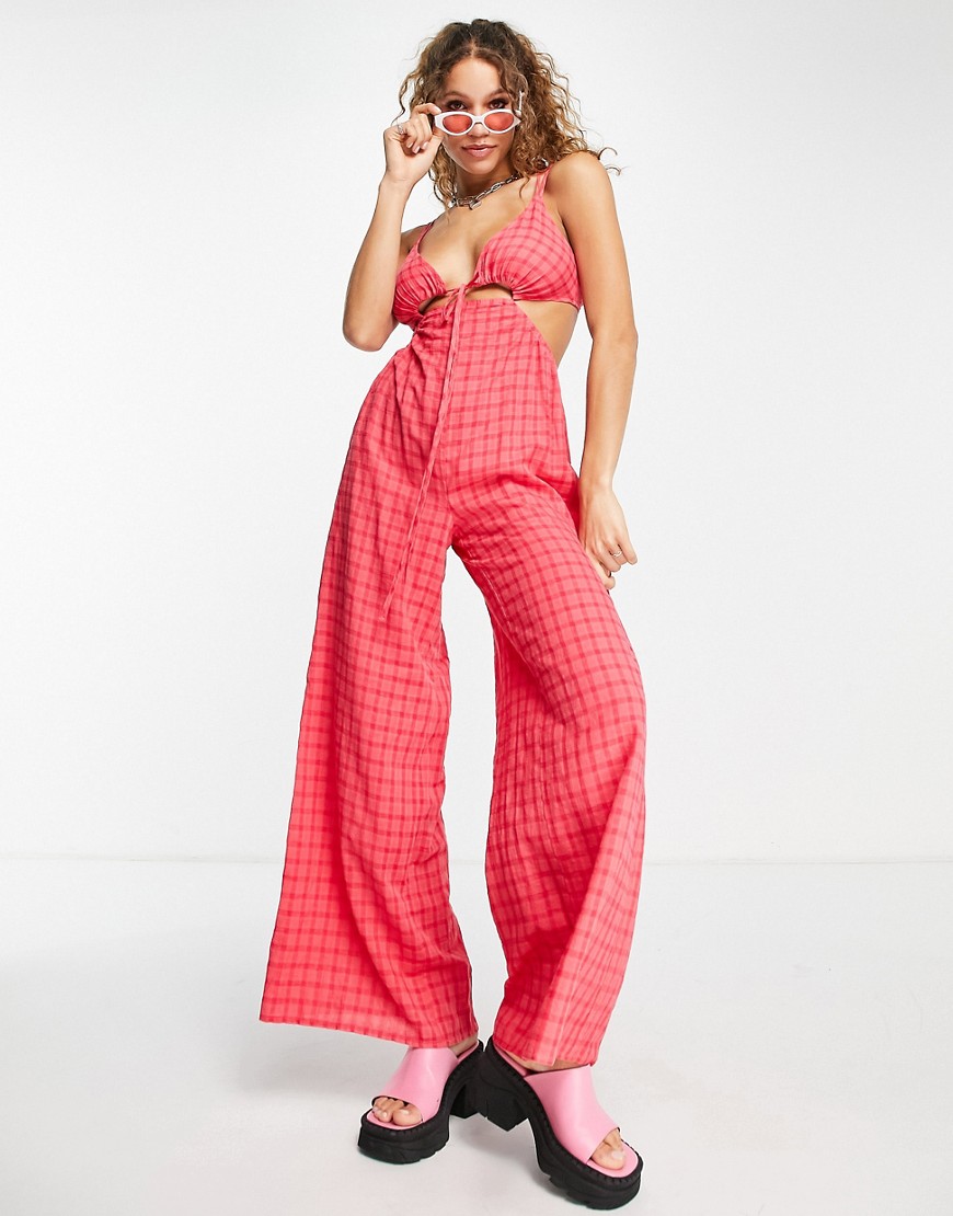 Topshop cut-out textured jumpsuit in coral-Orange