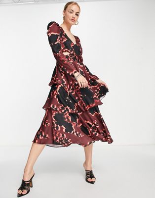 Topshop cut out waist floral print tiered occasion midi dress in burgundy - ASOS Price Checker