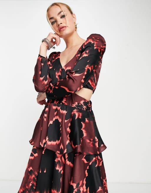 Topshop cut out waist floral print tiered occasion midi dress in burgundy