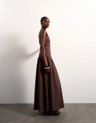 Topshop cut out waist poplin maxi dress in chocolate
