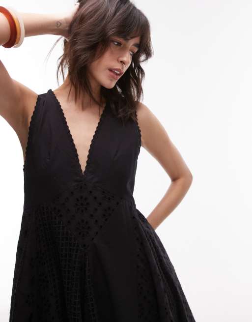 Topshop cutwork and broderie trapeze brodeire mini dress in black, 2 of 4
