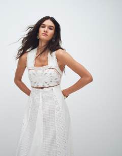 Cutwork broderie mixed trapeze maxi dress in white