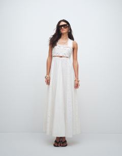Model wearing Cutwork broderie mixed trapeze maxi dress in white