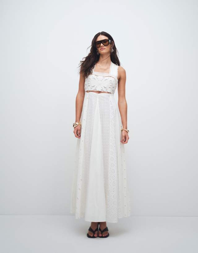 Topshop cutwork broderie mixed trapeze maxi dress in white | ASOS