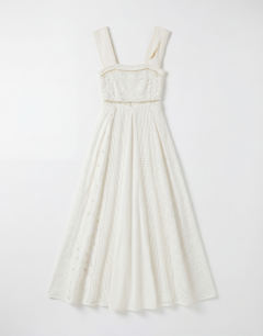 Model wearing Cutwork broderie mixed trapeze maxi dress in white