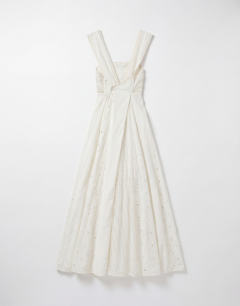 Model wearing Cutwork broderie mixed trapeze maxi dress in white