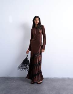 Cutwork lace insert long sleeve maxi dress in chocolate