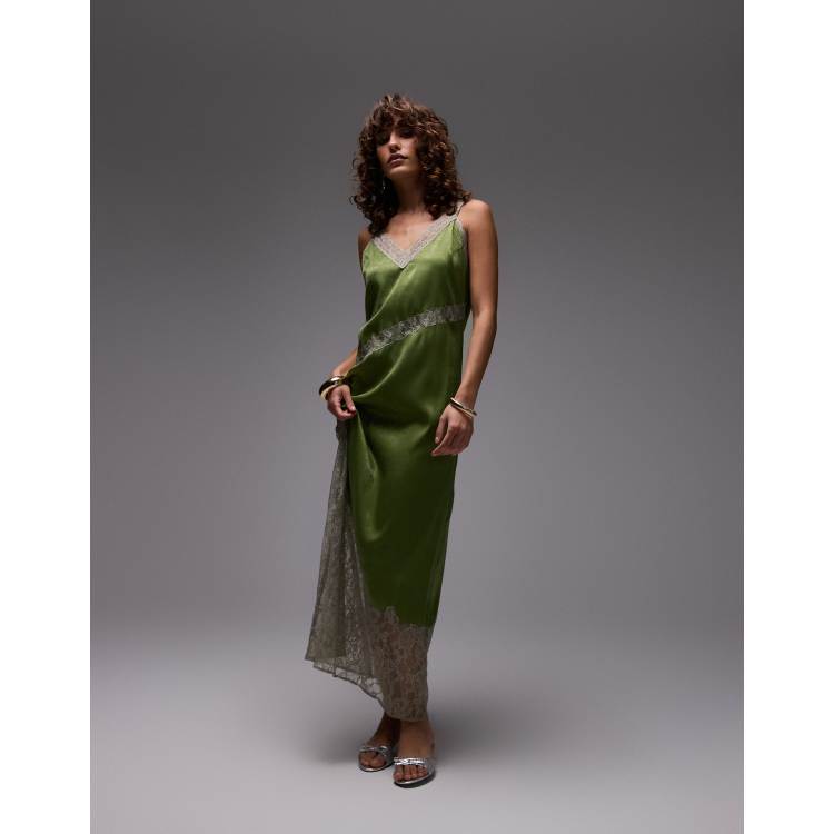 Topshop cutwork lace insert midi dress in green | ASOS