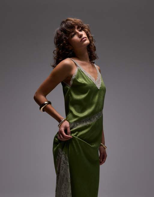 Topshop cutwork lace insert midi dress in green, 2 of 4