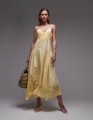 cutwork lace poplin midi sundress in lemon-Yellow