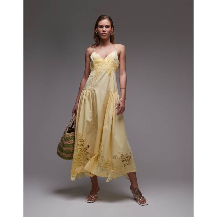 Topshop cutwork lace poplin midi sundress in lemon | ASOS