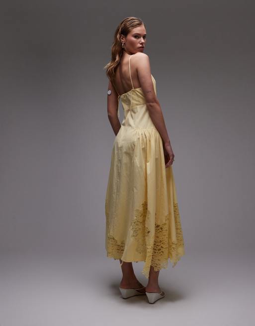 Topshop cutwork lace poplin midi sundress in lemon, 3 of 4