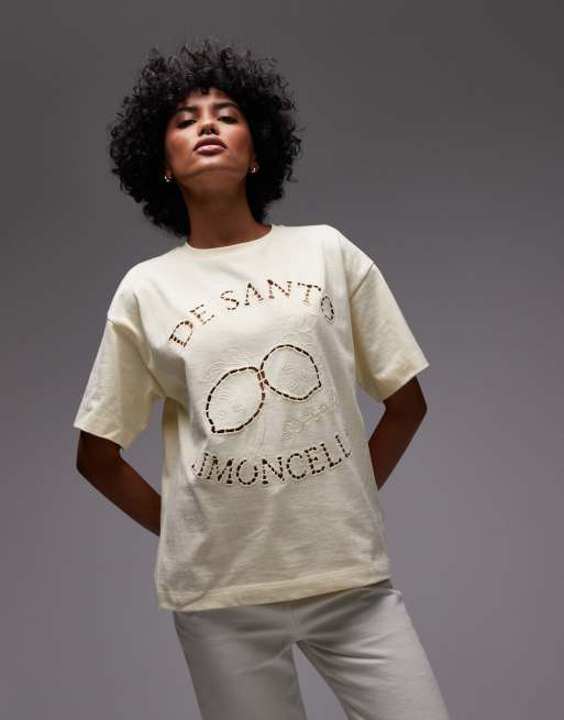 Topshop cutwork limoncello oversized tee in buttermilk, 4 of 4