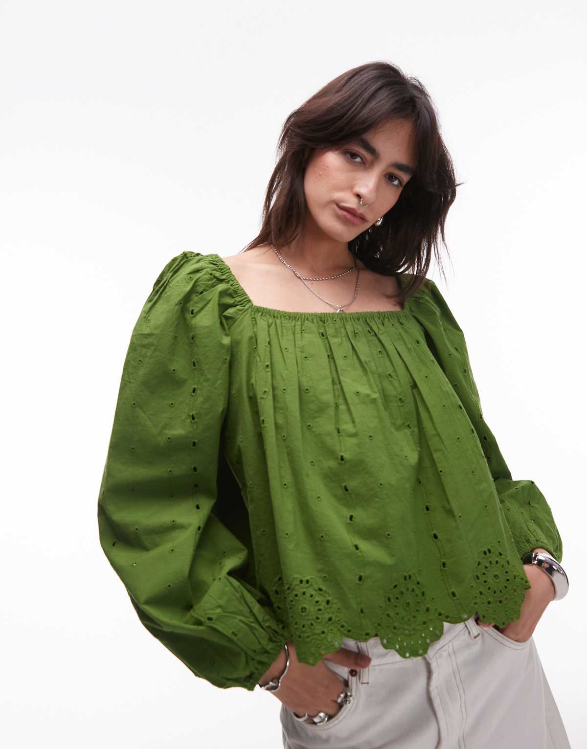 Topshop cutwork long sleeve top in green