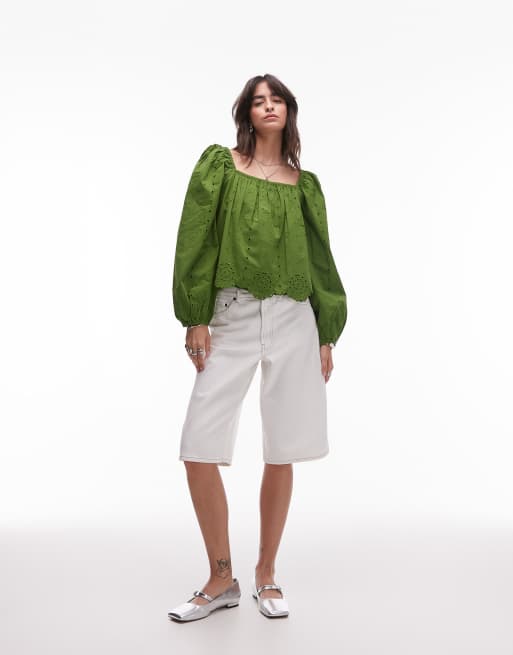 Topshop cutwork long sleeve top in green, 2 of 4