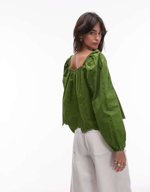 Topshop cutwork long sleeve top in green, 3 of 4