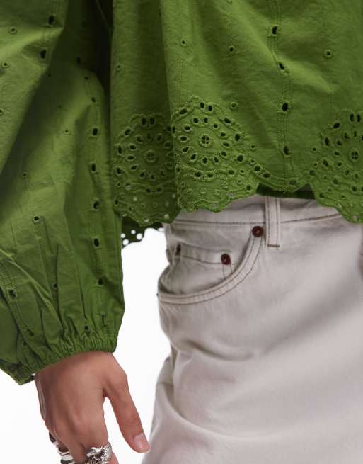 Topshop cutwork long sleeve top in green, 4 of 4