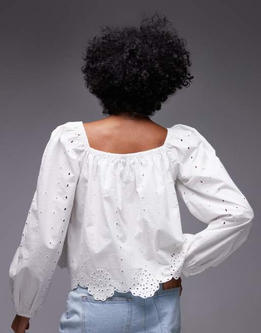 Topshop cutwork long sleeve top in ivory, 4 of 4