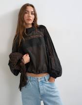 Topshop cutwork ruched side blouse in black